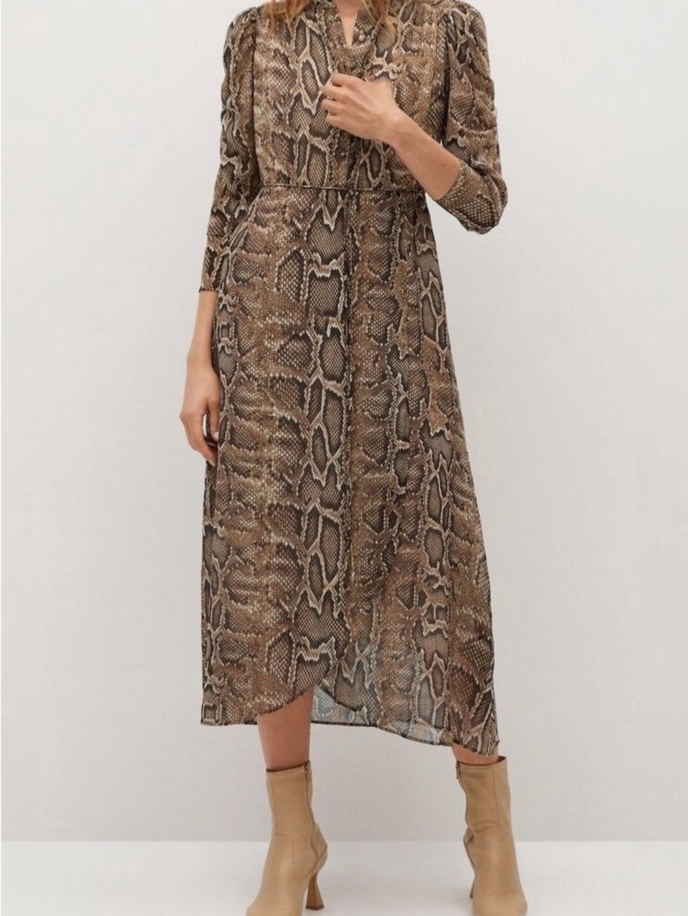 Mango MNG Snake Print Midi Dress in Brown